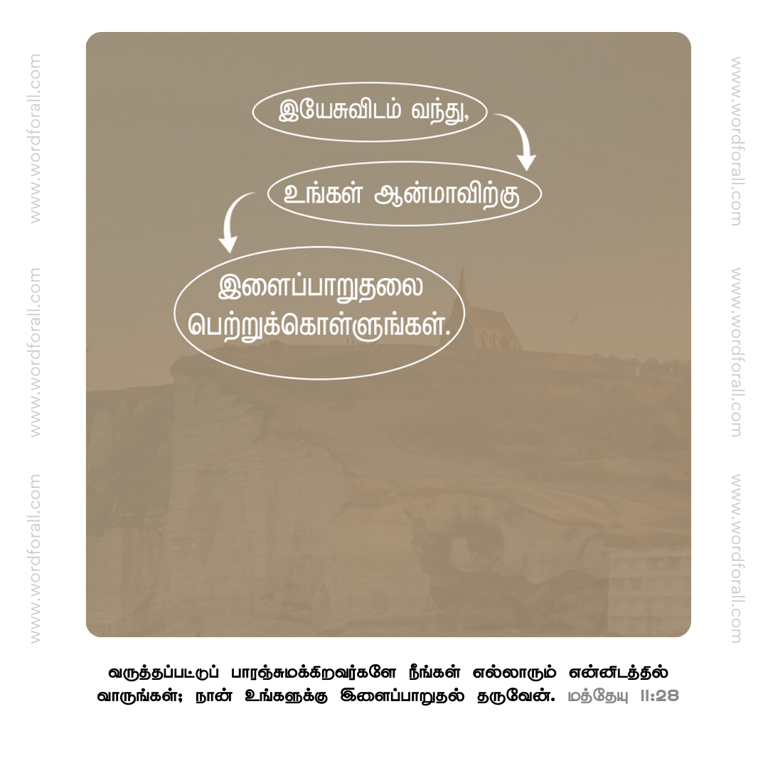 இயேசுவிடம் வந்து, உங்கள் ஆன்மாவிற்கு இளைப்பாறுதலை பெற்றுக்கொள்ளுங்கள்.