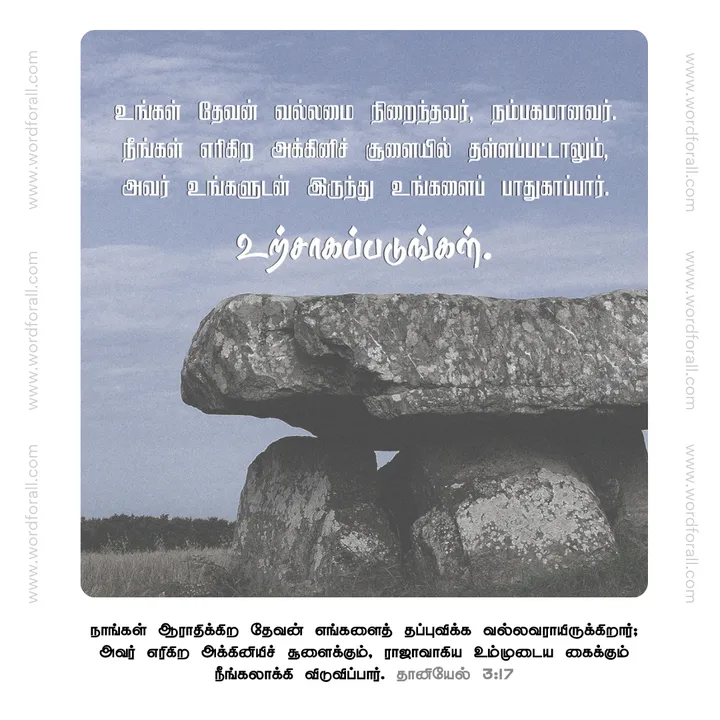உங்கள் தேவன் வல்லமை நிறைந்தவர், நம்பகமானவர். நீங்கள் எரிகிற அக்கினிச் சூளையில் தள்ளப்பட்டாலும், அவர் உங்களுடன் இருந்து உங்களைப் பாதுகாப்பார். உற்சாகப்படுங்கள்.