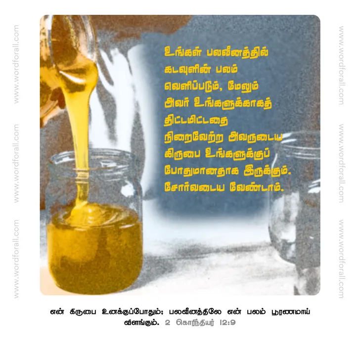 உங்கள் பலவீனத்தில் கடவுளின் பலம் வெளிப்படும், மேலும் அவர் உங்களுக்காகத் திட்டமிட்டதை நிறைவேற்ற அவருடைய கிருபை உங்களுக்குப் போதுமானதாக இருக்கும். சோர்வடைய வேண்டாம்.