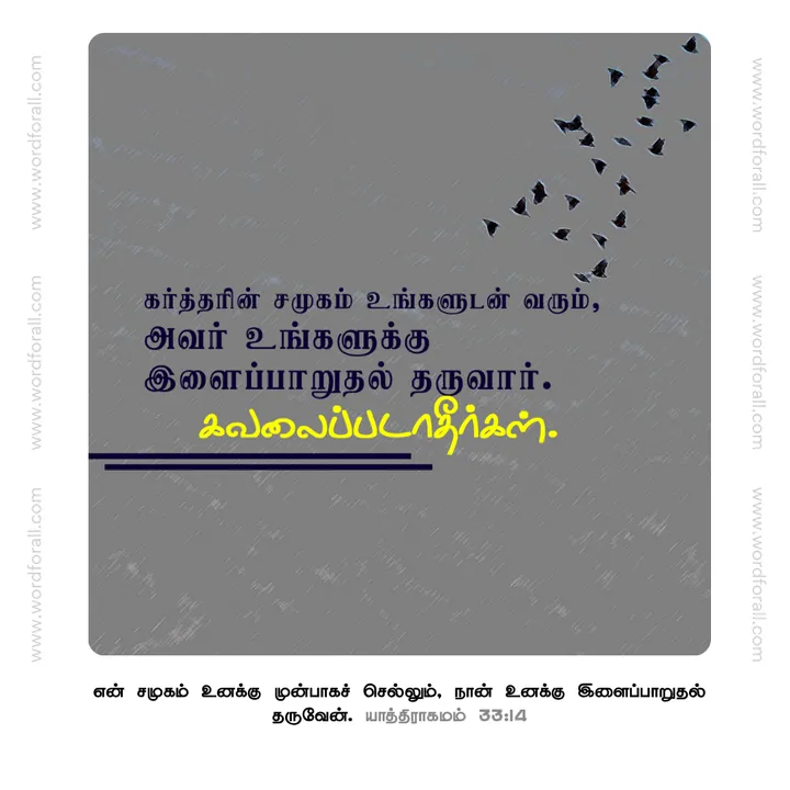 கர்த்தரின் சமுகம் உங்களுடன் வரும், அவர் உங்களுக்கு இளைப்பாறுதல் தருவார். கவலைப்படாதீர்கள்.