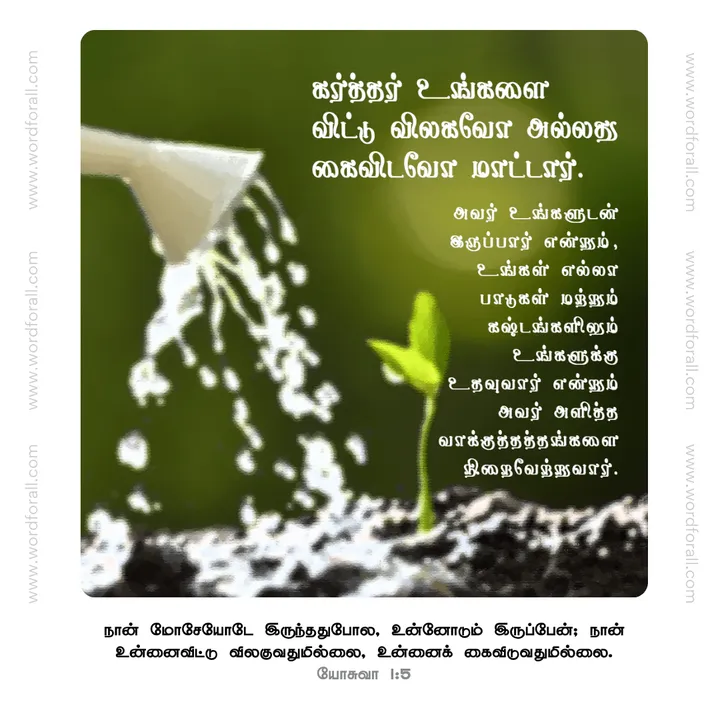 கர்த்தர் உங்களை விட்டு விலகவோ அல்லது கைவிடவோ மாட்டார். அவர் உங்களுடன் இருப்பார் என்றும், உங்கள் எல்லா பாடுகள் மற்றும் கஷ்டங்களிலும் உங்களுக்கு உதவுவார் என்றும் அவர் அளித்த வாக்குத்தத்தங்களை நிறைவேற்றுவார்.