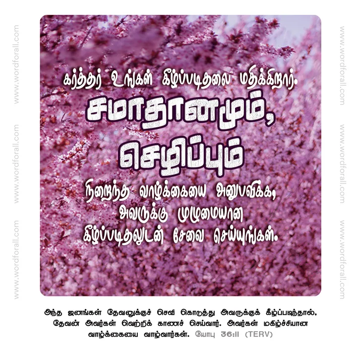 கர்த்தர் உங்கள் கீழ்ப்படிதலை மதிக்கிறார். சமாதானமும், செழிப்பும் நிறைந்த வாழ்க்கையை அனுபவிக்க, அவருக்கு முழுமையான கீழ்ப்படிதலுடன் சேவை செய்யுங்கள்.
