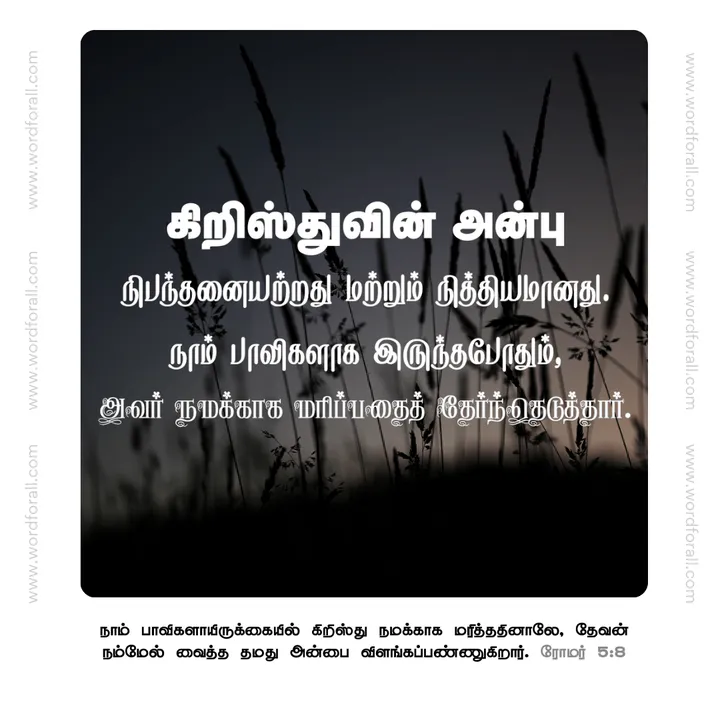கிறிஸ்துவின் அன்பு நிபந்தனையற்றது மற்றும் நித்தியமானது. நாம் பாவிகளாக இருந்தபோதும், அவர் நமக்காக மரிப்பதைத் தேர்ந்தெடுத்தார்