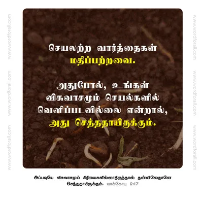 செயலற்ற வார்த்தைகள் மதிப்பற்றவை. அதுபோல், உங்கள் விசுவாசமும் செயல்களில் வெளிப்படவில்லை என்றால், அது செத்ததாயிருக்கும்.