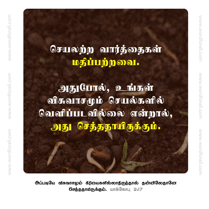 செயலற்ற வார்த்தைகள் மதிப்பற்றவை. அதுபோல், உங்கள் விசுவாசமும் செயல்களில் வெளிப்படவில்லை என்றால், அது செத்ததாயிருக்கும்.