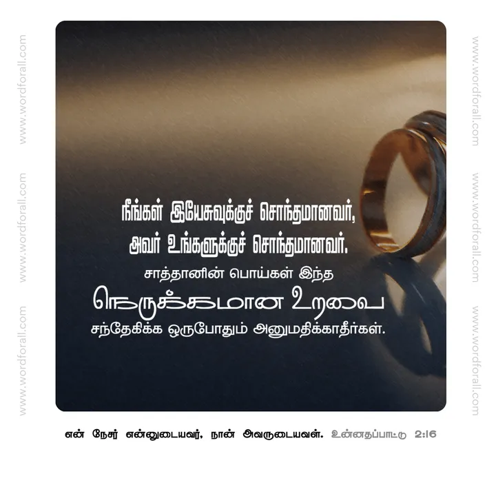 நீங்கள் இயேசுவுக்குச் சொந்தமானவர், அவர் உங்களுக்குச் சொந்தமானவர். சாத்தானின் பொய்கள் இந்த நெருக்கமான உறவை சந்தேகிக்க ஒருபோதும் அனுமதிக்காதீர்கள்.