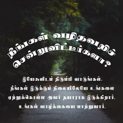 நீங்கள் வழிதவறிச் சென்றுவிட்டீர்களா? இயேசுவிடம் திரும்பி வாருங்கள். நீங்கள் இருக்கும் நிலையிலேயே உங்களை ஏற்றுக்கொள்ள அவர் தயாராக இருக்கிறார், உங்கள் வாழ்க்கையை மாற்றுவார்.