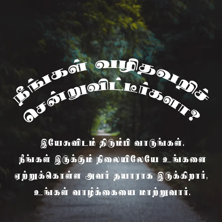 நீங்கள் வழிதவறிச் சென்றுவிட்டீர்களா? இயேசுவிடம் திரும்பி வாருங்கள். நீங்கள் இருக்கும் நிலையிலேயே உங்களை ஏற்றுக்கொள்ள அவர் தயாராக இருக்கிறார், உங்கள் வாழ்க்கையை மாற்றுவார்.