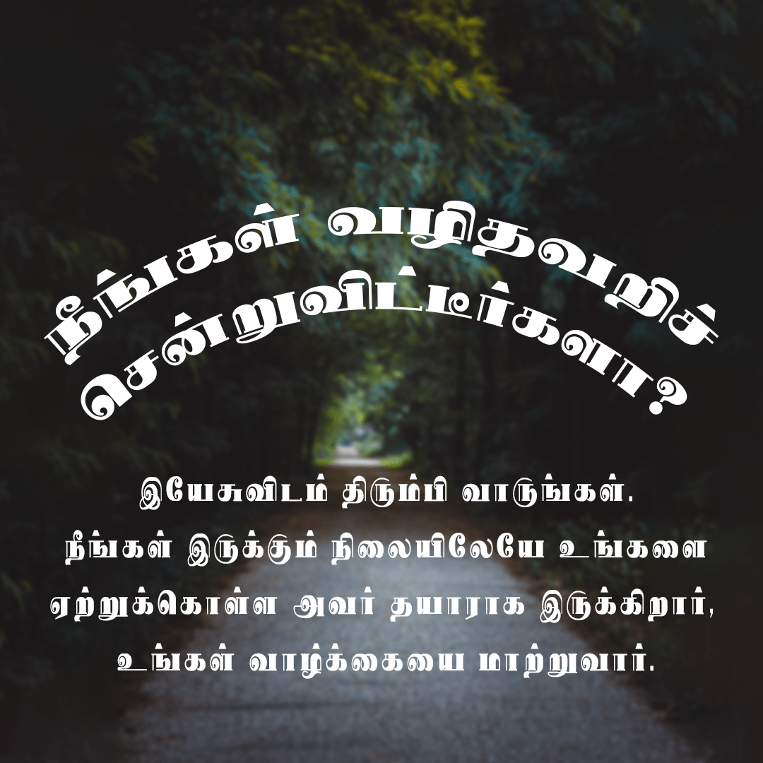 நீங்கள் வழிதவறிச் சென்றுவிட்டீர்களா? இயேசுவிடம் திரும்பி வாருங்கள். நீங்கள் இருக்கும் நிலையிலேயே உங்களை ஏற்றுக்கொள்ள அவர் தயாராக இருக்கிறார், உங்கள் வாழ்க்கையை மாற்றுவார்.