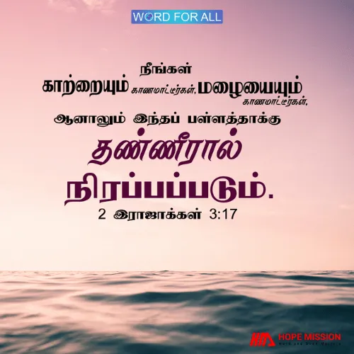 நீங்கள் காற்றையும் காணமாட்டீர்கள், மழையையும் காணமாட்டீர்கள்; ஆனாலும் இந்தப் பள்ளத்தாக்கு தண்ணீரால் நிரப்பப்படும்.