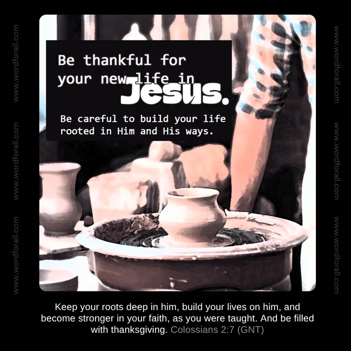 Be thankful for your new life in Jesus. Be careful to build your life rooted in Him and His ways.