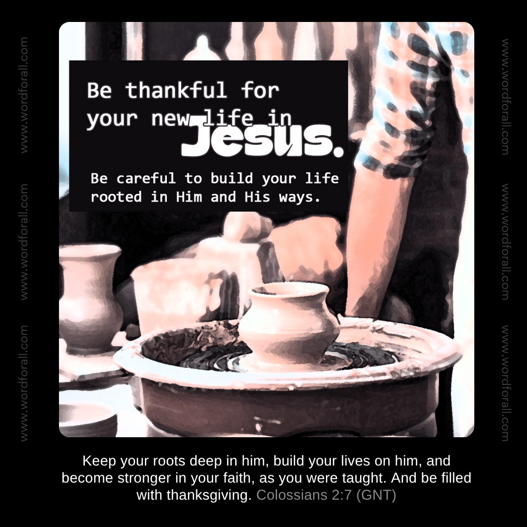Be thankful for your new life in Jesus. Be careful to build your life rooted in Him and His ways.