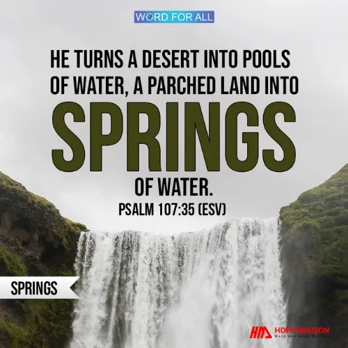 GOD TRANSFORMS A DESERT INTO POOLS OF WATER AND PARCHED LAND INTO SPRINGS OF WATER.