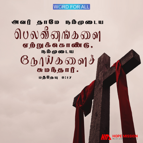 இயேசு உங்கள் பெலவீனங்களை ஏற்றுக்கொண்டு உங்கள் நோய்களைச் சுமந்தார்.