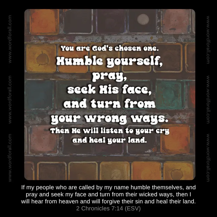 You are God's chosen one. Humble yourself, pray, seek His face, and turn from your wrong ways. Then He will listen to your cry and heal your land.